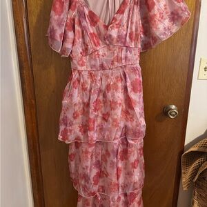 Pink and Red Ruffled Maxi Sundress with V-Neck